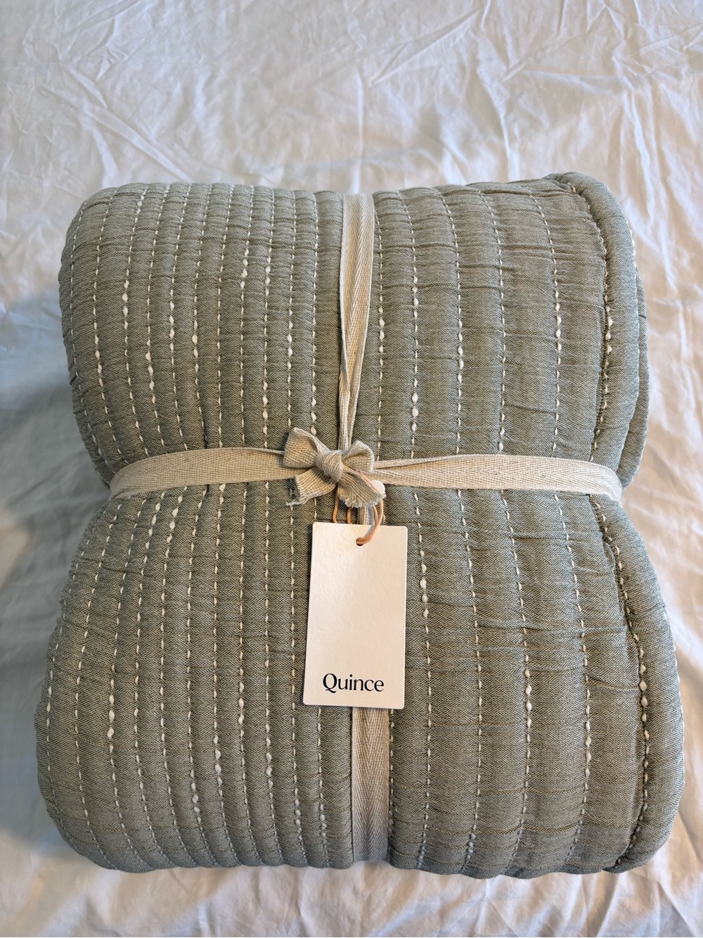 Quince Organic Cotton Channel Stitch Coverlet Set - King/Cali King - Green